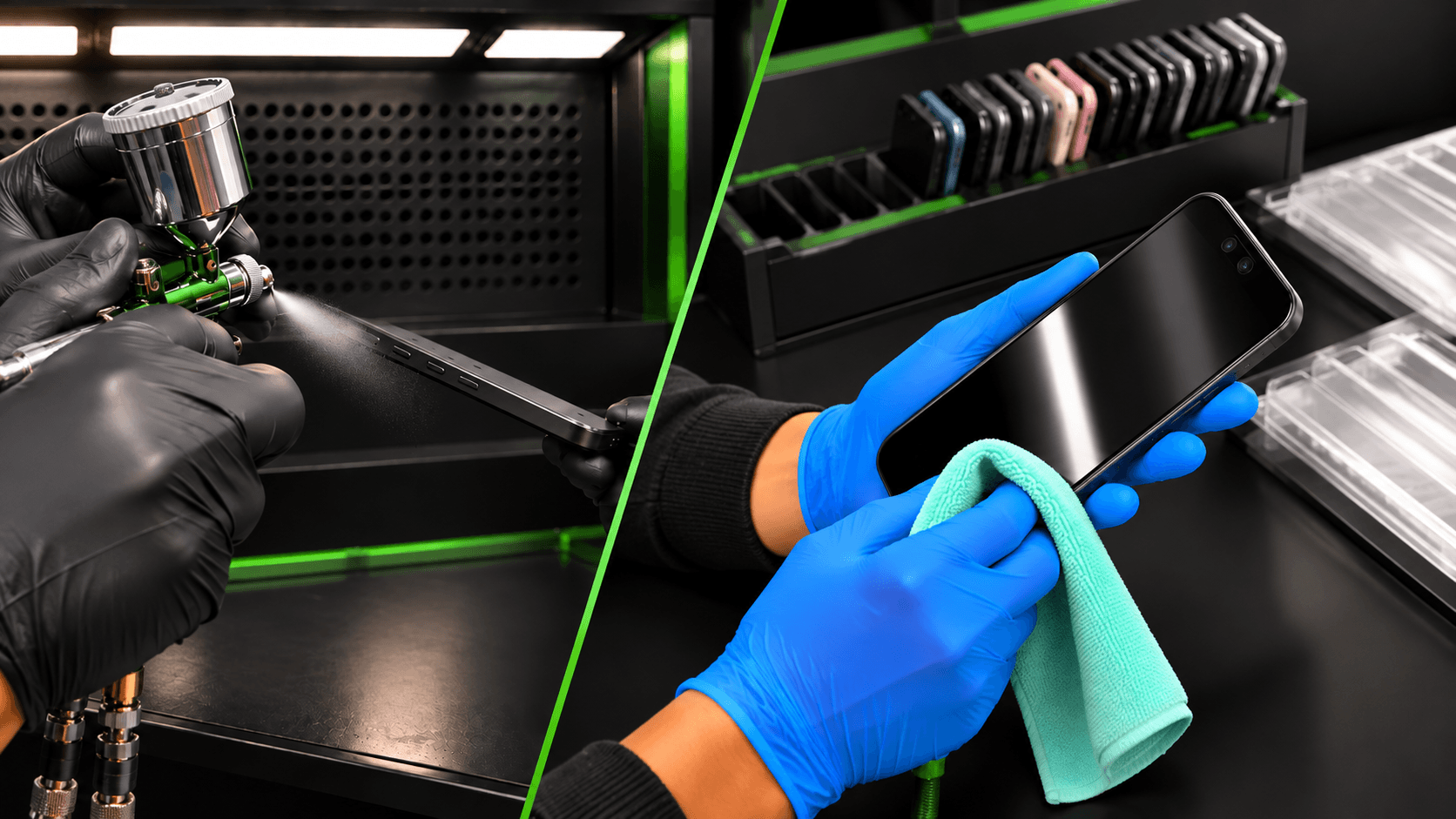 Illustration of frame refinishing with a spray gun and screen polishing with a cloth